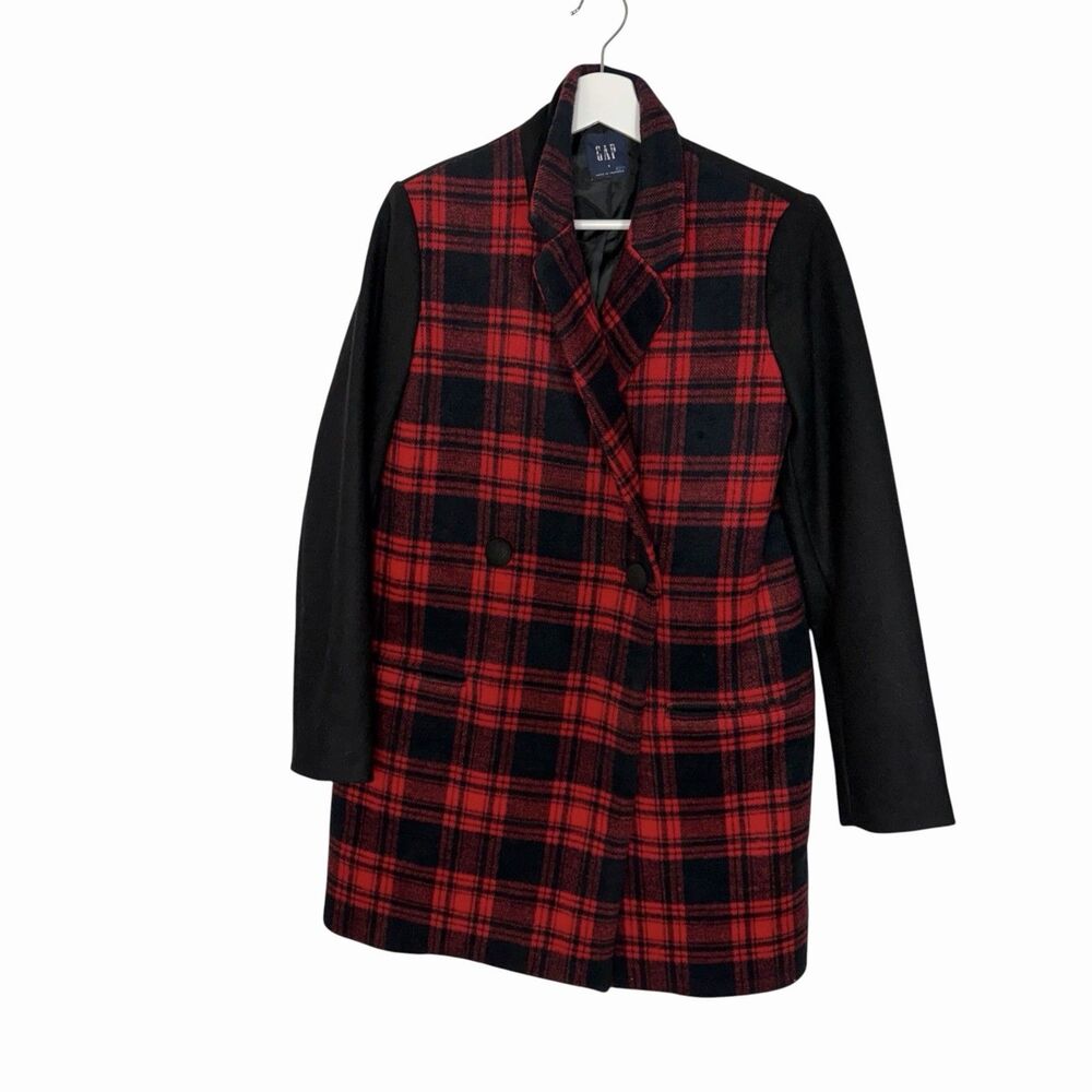 Gap Festive Plaid Car Coat Black Red Wool Blend Size Small Classic Grunge $148